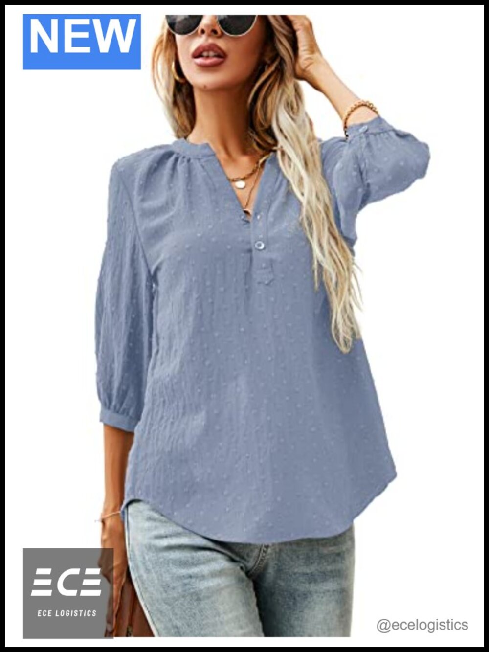 Women's 3/4 Sleeve Henley V-Neck Blouse Swiss Dot Pleated Back Top